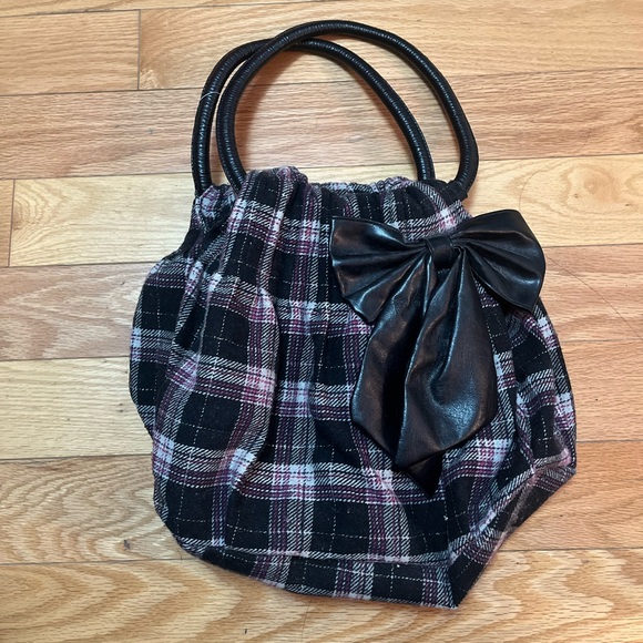 Handbags - Y2K Retro Tweed Plaid Women's Shoulder Bag with Black Bow